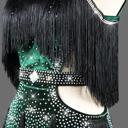 Custom size Dark Green velvet Tassels Competition Latin Dance Dresses with Gemstones for Women girls backless Rumba Salsa Cha Cha Performance Costumes